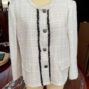 Zara Woman Studio White & Black Boucle Chanel Style Jacket with Grey buttons